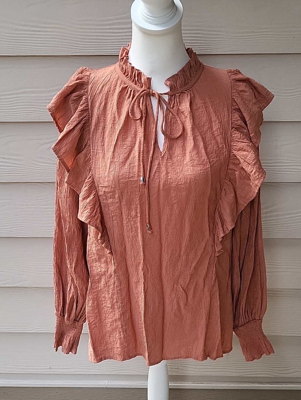Entro Orange Ruffle Sleeve Tie Neck Blouse Women's Medium Boho Boutique Top